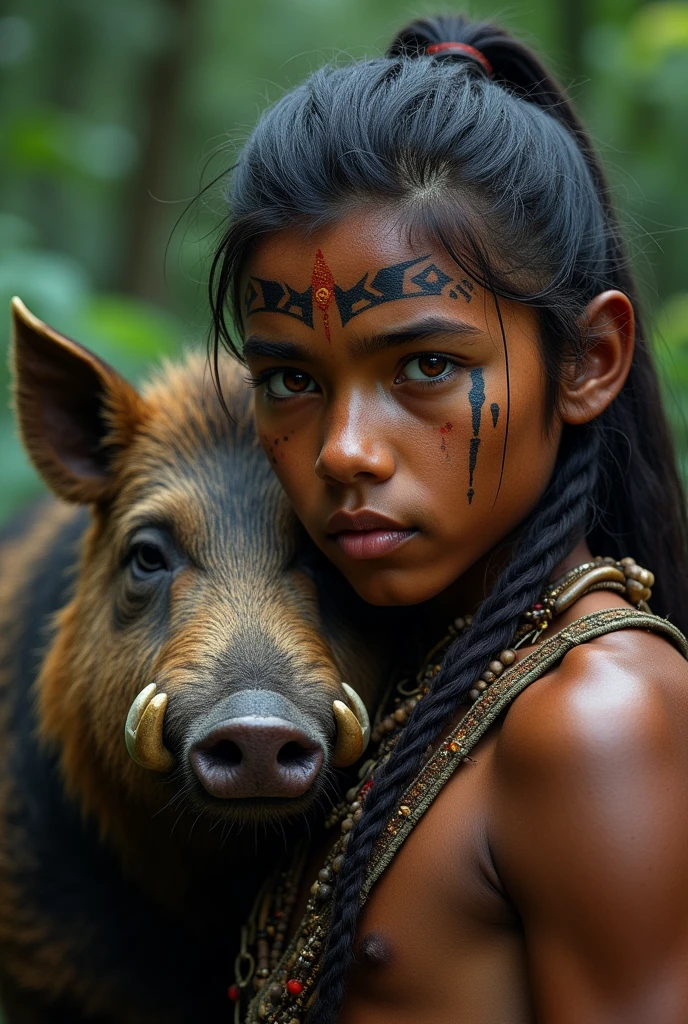 A age indigenous man with fiery eyes with a wild boar 