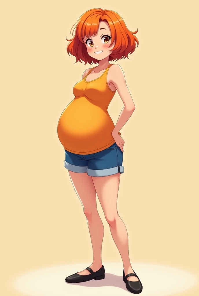 a cartoon girl, anime girl, cell shaded adult animation, shorts, orange hair, solo, short hair, smile, full body, 4k hd, legs visible, tall, blue shorts and an orange tank, brown eyes, 1girl, in black Flats, 4k hd, big breasts, pregnant girl