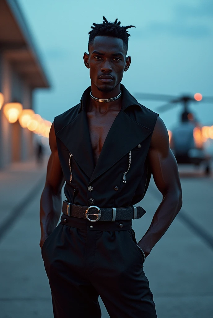 Create an avant-garde fashion scene featuring a male model with African descent, but with the features of David Gandy. The model is an athletic figure with a striking, masculine physique and a captivating presence, dressed in an experimental, artistic outfit that defies conventional fashion norms. The outfit should showcase bold, non-traditional materials and striking, asymmetrical designs. The setting is a futuristic heliporto at twilight, with a sleek, illuminated helicopter in the background. The environment combines modern architecture with the high-tech ambiance of the heliporto, featuring dramatic lighting that highlights the model's outfit and creates striking shadows.
The composition should focus on the model, ensuring he is well-centered and fully visible within the 16x9 frame, from head to toe, emphasizing his powerful, elegant, and confident presence amidst this high-tech urban setting.
Filmed on ARRI ALEXA 65, Bokeh, sharp focus on the subject, shot by Don McCullin. The atmosphere should exude a sense of artistic expression, with the model embodying the essence of avant-garde fashion—daring, bold, and cutting-edge.
Keywords: beauty, model, elegance, glamour, fashion, stunning, radiant, chic, graceful, confident, striking, flawless, alluring, photogenic, sophisticated, enchanting, captivating, charismatic, runway, editorial, beauty standards, artistic, style, aesthetic, personality, portrait, beauty photography, professional model, fashionista, trendsetter