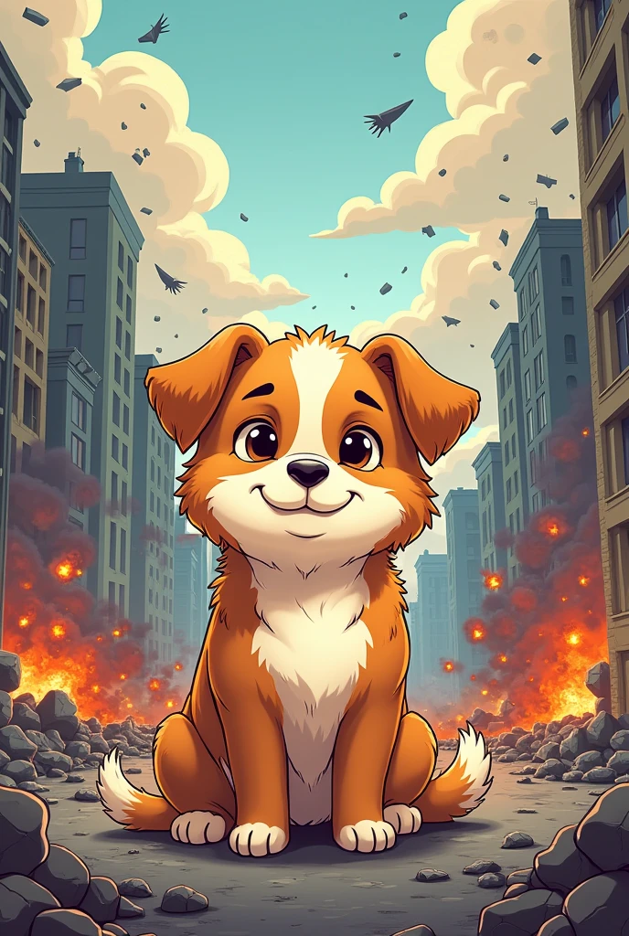 Cartoon drawing of a cute dog sitting calmly while everything around is destroyed and on fire