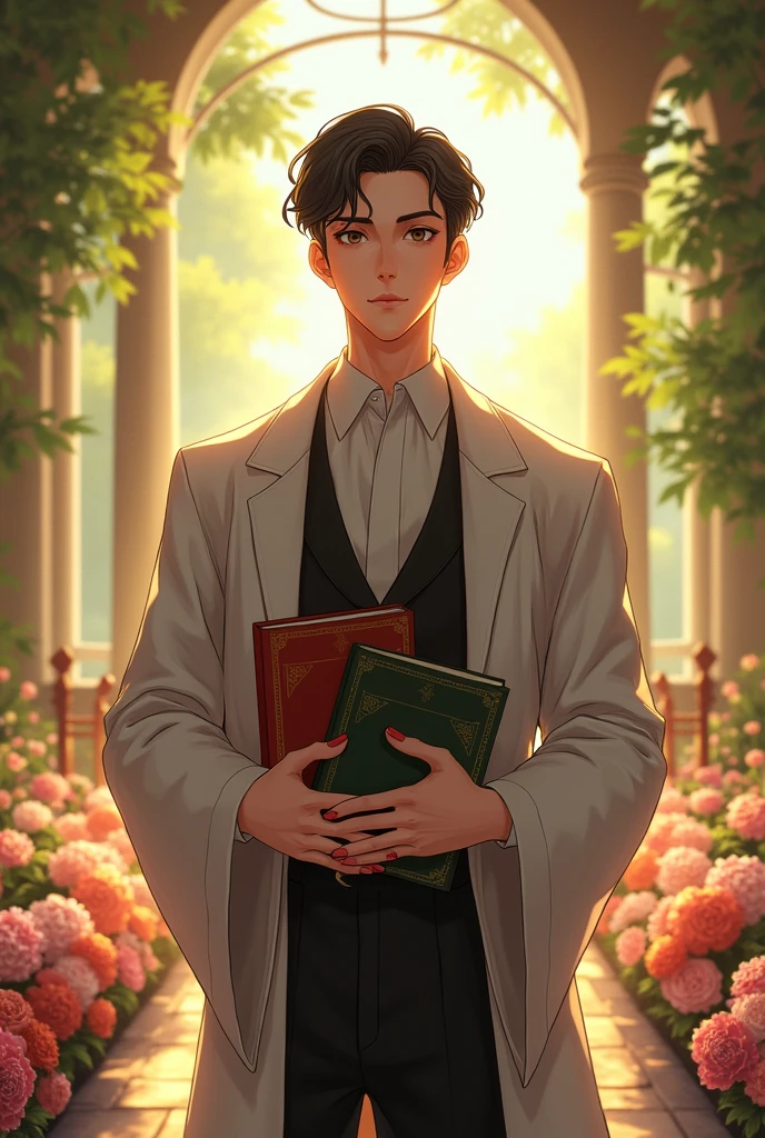 A tall man with a fit, build with strong uper torso and fit lower body and fair skin that has a subtle, pinkish glow stands confidently. His clean-shaven with no mustache, beard on the face is defined by a sharp jawline, and his calm, honey-brown eyes exude a sense of lightness and innocence. His black hair, styled in a princely cut, features bangs that gracefully drape across his forehead.
He is dressed in a gentleman as well as princely attire, adding a touch of elegance to his appearance. In his hands, he holds several books. The setting around him is a beautiful, lush garden where sunlight streams through large windows casting a warm glow over the rows of elegant flowers and rich wooden chairs for tea.