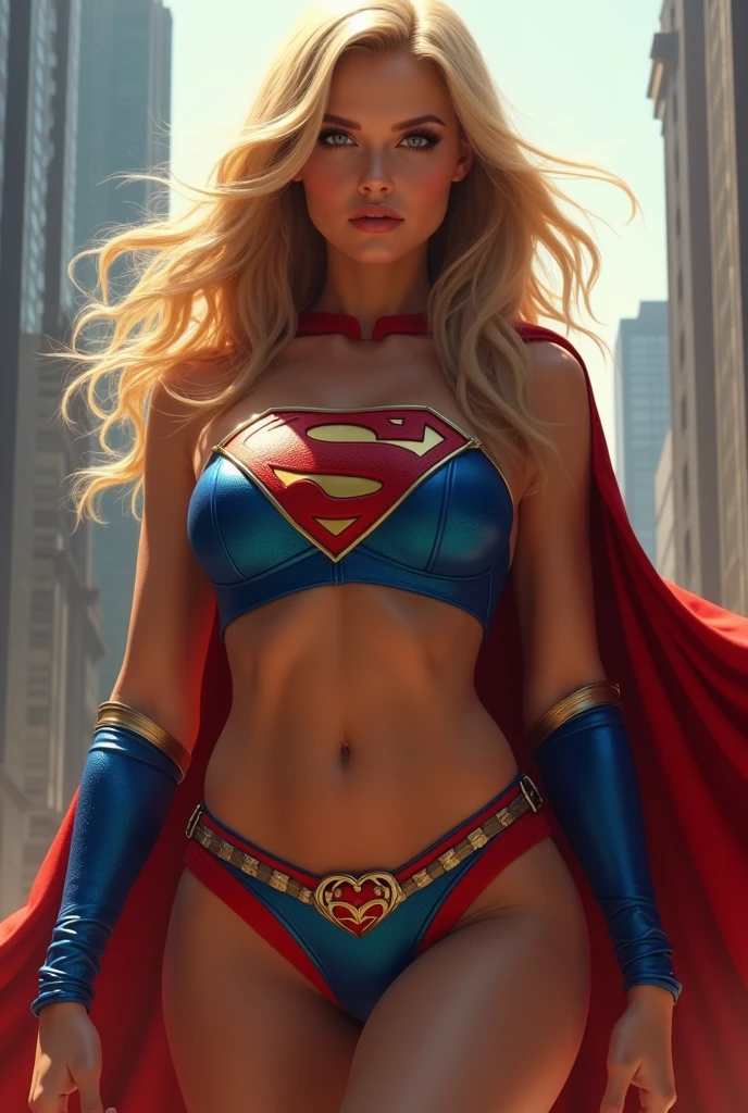 A HOT AND SEXY MUSCULAR SUPERGIRL COMPLETE WITH A EROTIC BLUE SUPERMAN CORSET COSTUME AND CAPE WITH A LARGE SUPERMAN EMBLEM. SO SEXY SUPERGIRL