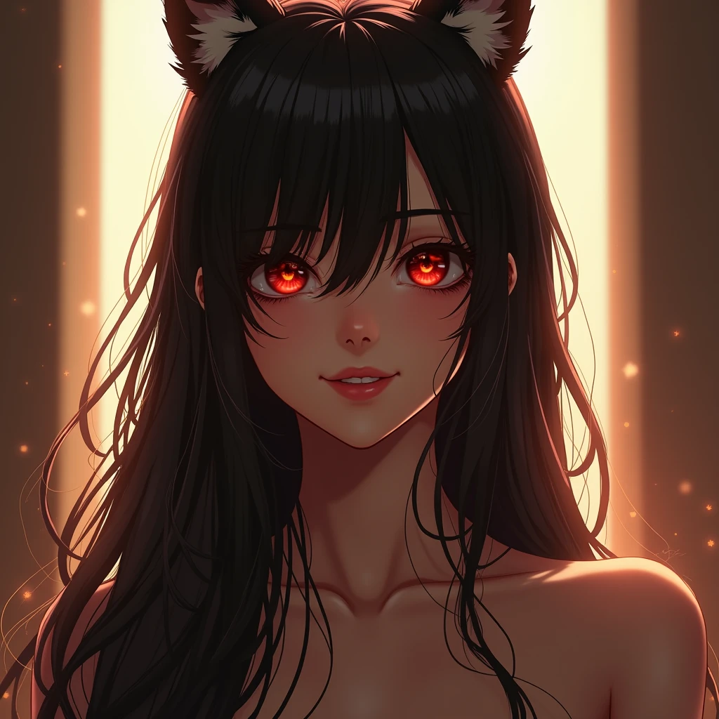 1girl, Solo, Long Hair, Looking at viewer, Breasts, High Resolution, Smile, Hair Between Eyes, Red Eyes, Animal Ears, Backlighting, Masterpiece, Anatomically Correct, Accurate, Award Winning, 