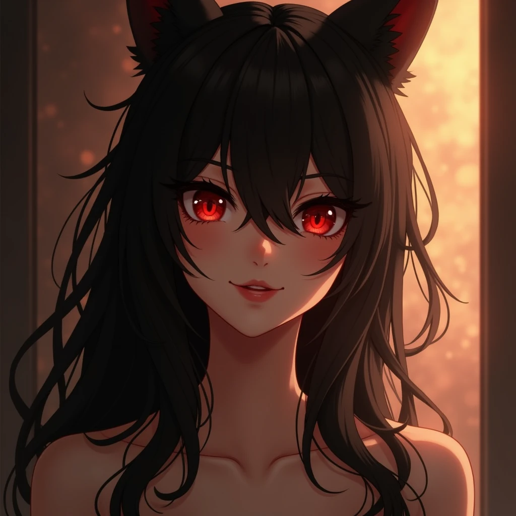 (masterpiece,best quality,ultra-detailed),1girl,beautiful,pale siin,black hair,messy hair, thick hair,wolf ears,dark ambient,((monster girl)),(shadow theme),night,naked,detailed eyes, beautiful eyes