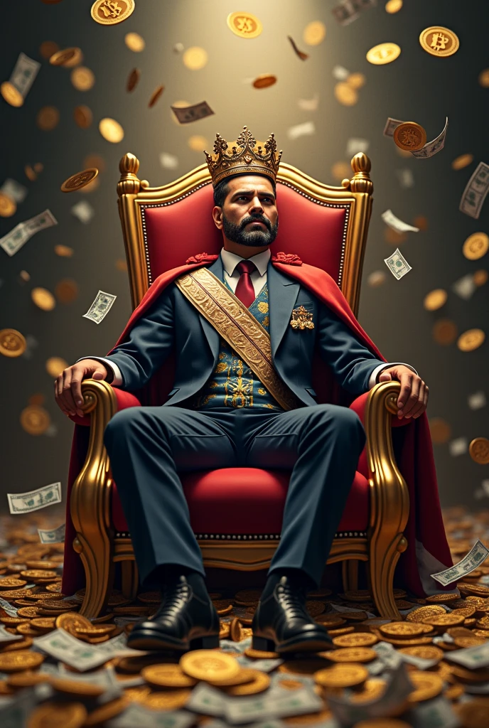 Image of Nayib Bukele on his throne with a king's crown, and a lot of money on the floor and falling from the sky. With an intimidating look and with bitcoin coins