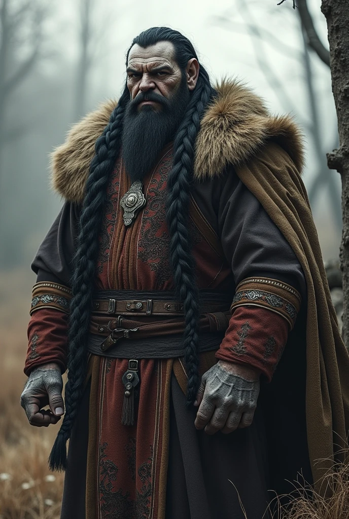a medieval Russian orc with grey skin, long black braided hair, a goatee beard without a mustache, wearing traditional Russian clothing