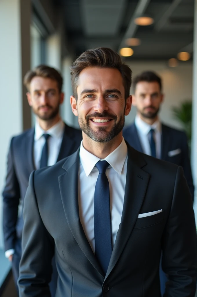 3 man realistic as cell phone photo office salesman confident face