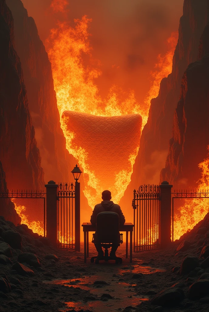 A man is going to code inside hell. Whose fire is burning in a very big mattress. And there is fire everywhere. A gate has been installed in front of it. Just like the fire of hell.