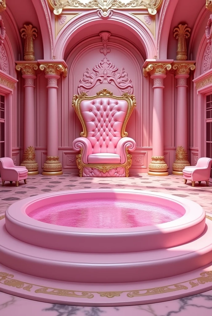 (photorealism:1.2), A very large pink Jacuzzi pool in pink luxurious bathroom of pink palace with a pink throne inside, a beautiful pink sign "Harem del sultán" on the back wall, realistic, intricate details