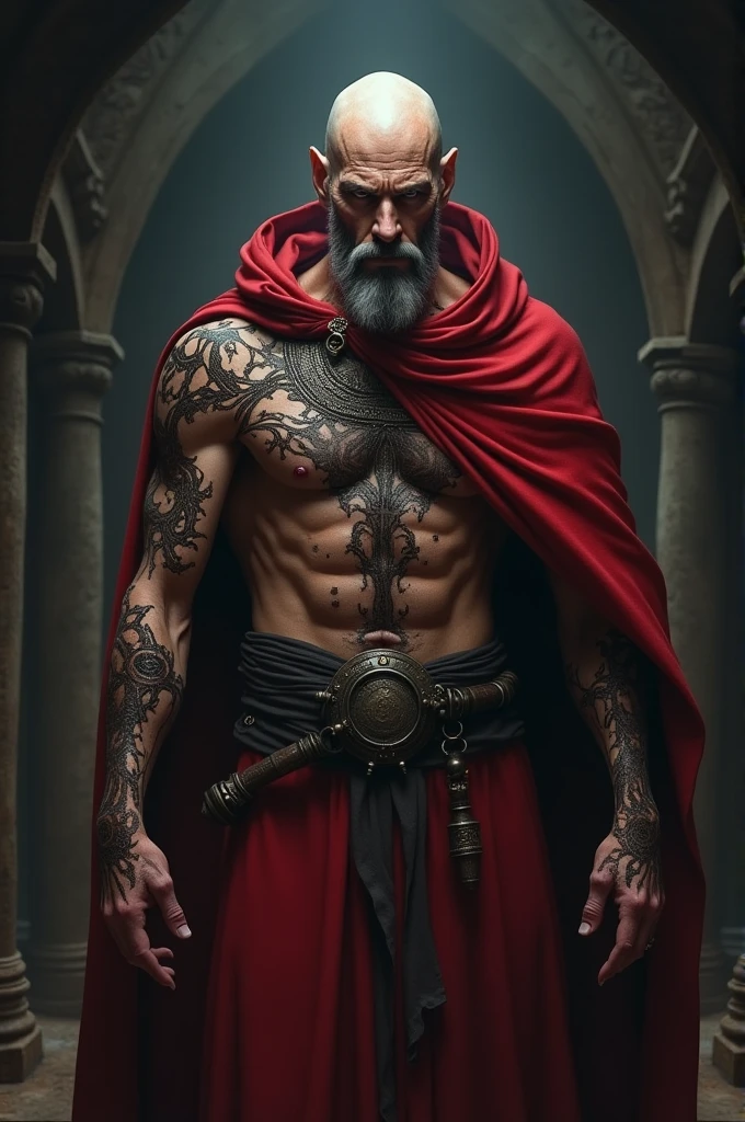 a bald human wizard who has no beard, wearing a red tunic and full of black marks on his body