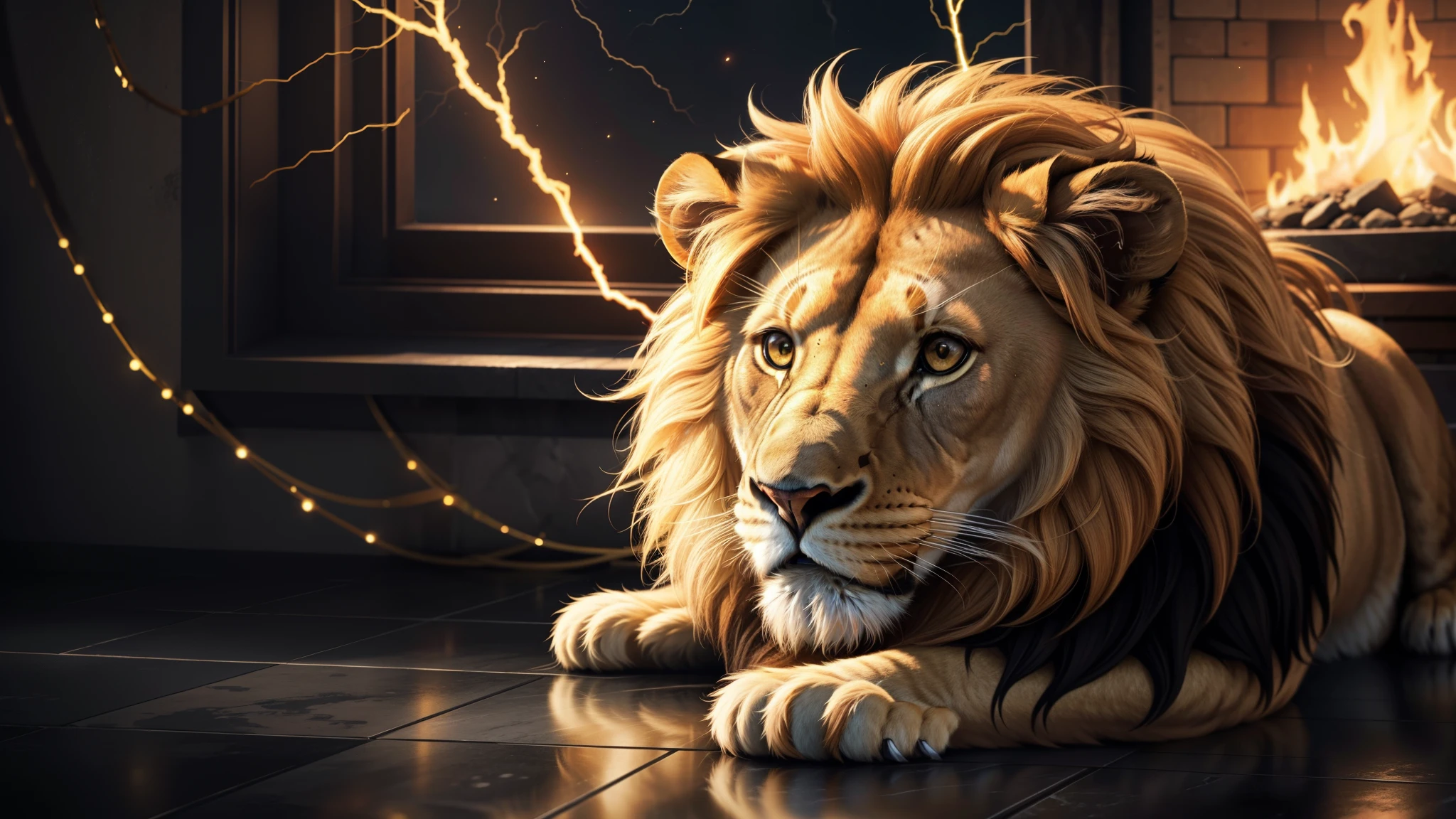 Lion, Divine Lion, majestic, comely, fire, villany,  thunder, Sky thunder, stele, photorrealistic 6K, UltraHD Detailed, detailed colors 8k, Lion Elegante, floor, stele, lightning strikes, heavens, céu Godlike, tempest, Towards the heavens, heavenly, Godlike, photorrealistic, Rendering, 4K, 8k, detailed textures, detailed shadows, padoru, detailed colors, God&#39;s Heaven, UltraHD 16K Details, Photorealistic textures 16K, detailed sharpness 16K, detailed sharpness, detailed colors, realistic shadows, Ultra realistic textures, High power, Natural Beauty, natural colors, realistic contrast, Photorealistic textures, detailed colors, lifelike colors, detailed shadows, fire, villany mightosa, flames, Fire Bolt, Fotorrealism Lion, Majestic Lion, photorrealistic UltraHD 4K, Texturasdetalhadas photorrealistics 8k, might, ferocious, bruta, Great Power, Realistic Sky, luminous face, villany, Detailed face 4k, ultra detaild, contraste realista de 8k, detailed sharpness, cores Ultra HD, chic,