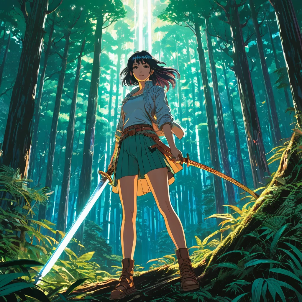 a magical sword levitating in a forest, an anime drawing, trending on Artstation, serial art, martin ansin artwork, at nighttime, dan mumford , disco elysium artwork, makoto sinkai, detailed anime artwork, bright colors, dark tones, intricate details, energetic composition, big dreamy eyes, beautiful intricate colored hair, symmetrical, by sam yang, by makoto shinkai