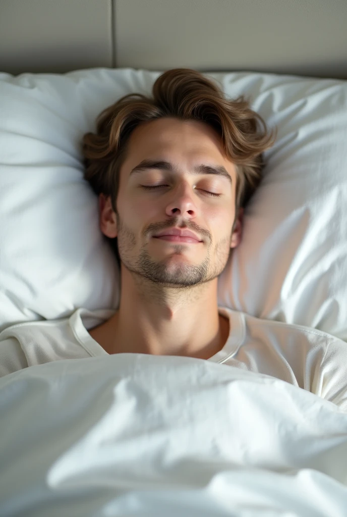White man with light brown hair dreaming in a beautiful bed with white sheets