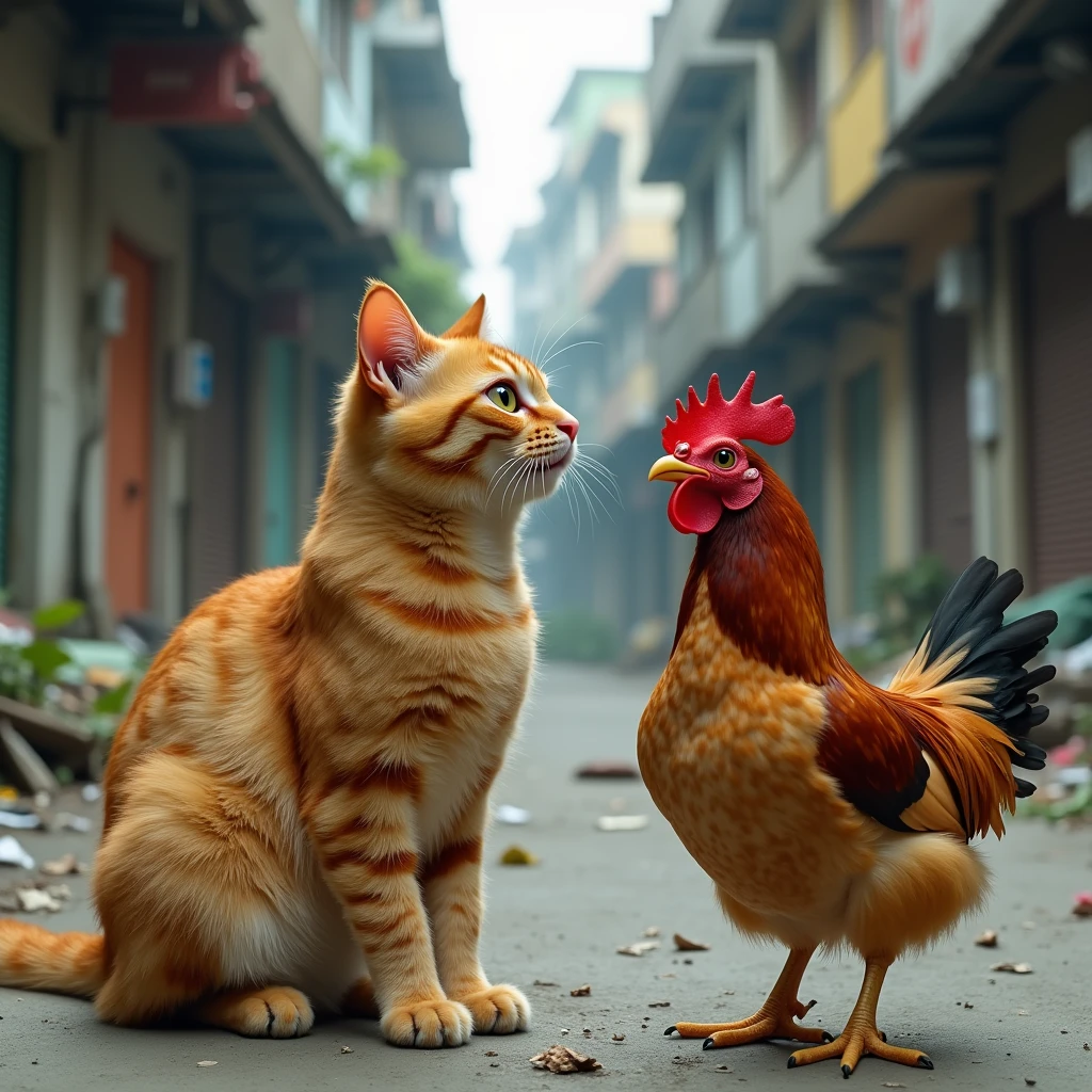 real photo. an orange cat talking next to a chicken smiling widely. It seems they are talking to each other. the atmosphere of the slum streets is full of rubbish. very realistic. Ultra-realistic 8K photograph, shot with a Leica Q2, strong color contrast and sharp clarity --ar 9:16 --quality 2 --