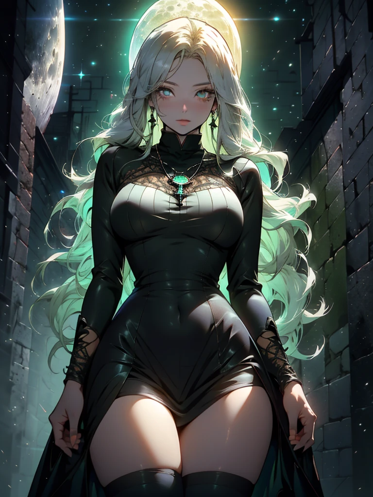 Beautiful anime goddess with long green hair, wearing a short dress, breasts, anime key look, moon, large breasts, intricate, hips, highly detailed, wide hips, breathtaking beauty, vibrant and sharp focus, illustration, gardevoir, android, white skin, glowing eyes, specterdef, nun, habit, black dress, long sleeves, capelet, black pelvic curtain, black thighhighs, necklace, beautiful body, masterpiece
