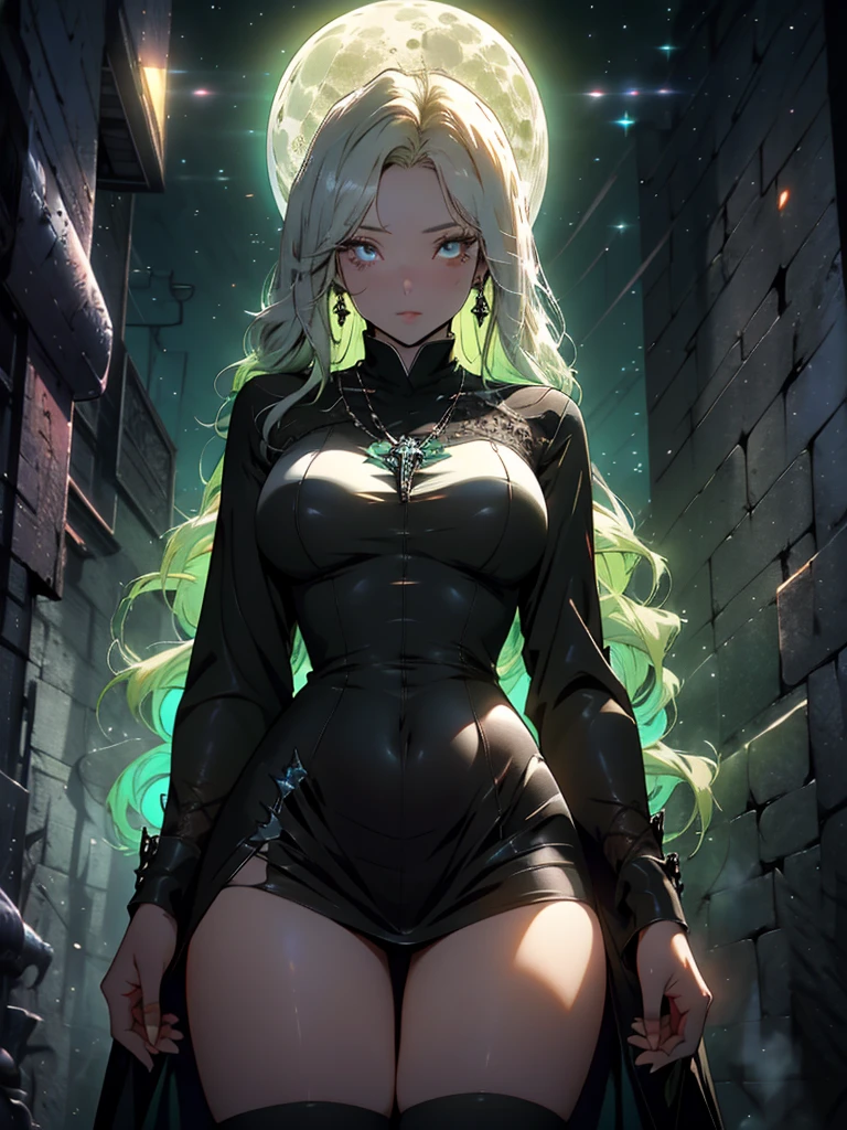 Beautiful anime goddess with long green hair, wearing a short dress, breasts, anime key look, moon, large breasts, intricate, hips, highly detailed, wide hips, breathtaking beauty, vibrant and sharp focus, illustration, gardevoir, android, white skin, glowing eyes, specterdef, nun, habit, black dress, long sleeves, capelet, black pelvic curtain, black thighhighs, necklace, beautiful body, masterpiece