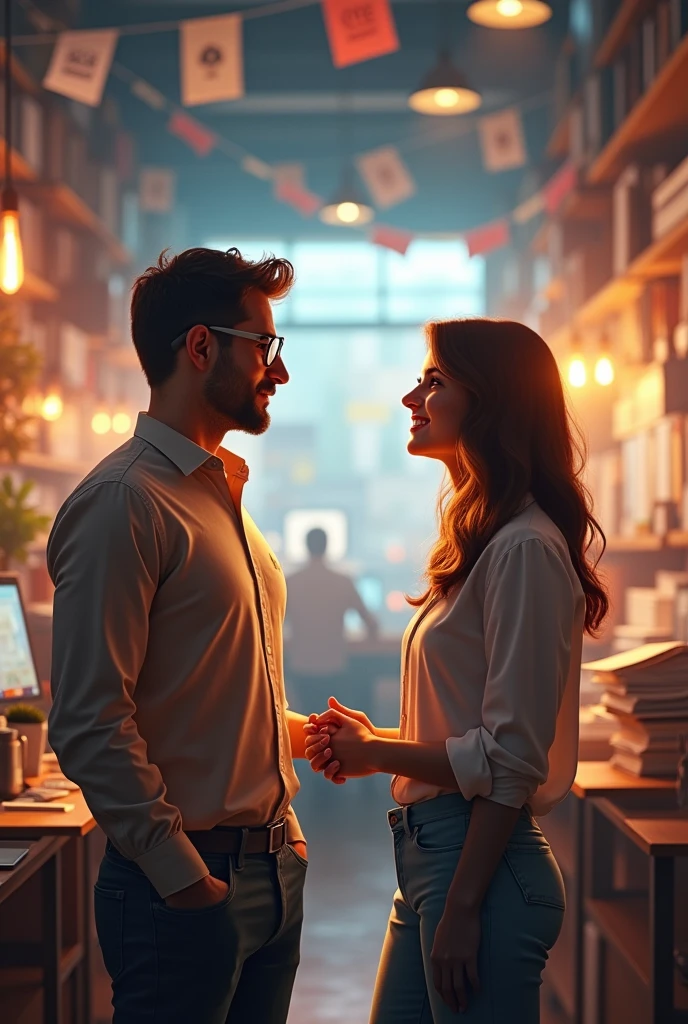 I need an image that represents welcoming. 
there are two women, one of whom is the boss (director) and the other is the employee). 
director features: long, straight brown hair, glasses 
employee characteristic: wavy brown hair, glasses 
They are both wearing more casual clothes. 
scenario a chaotic work environment in an advertising agency.