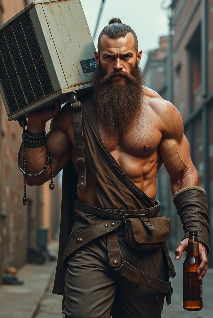 Homme avec une climatisation sur l'épaule gauche et une goudale dans la main droite il es musclée et a une  barbe de viking