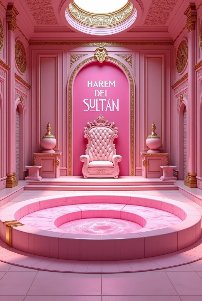 (photorealism:1.2), A very large pink Jacuzzi pool in pink luxurious bathroom of pink palace with a pink throne inside, a beautiful pink sign "Harem del sultán" on the back wall, realistic, intricate details