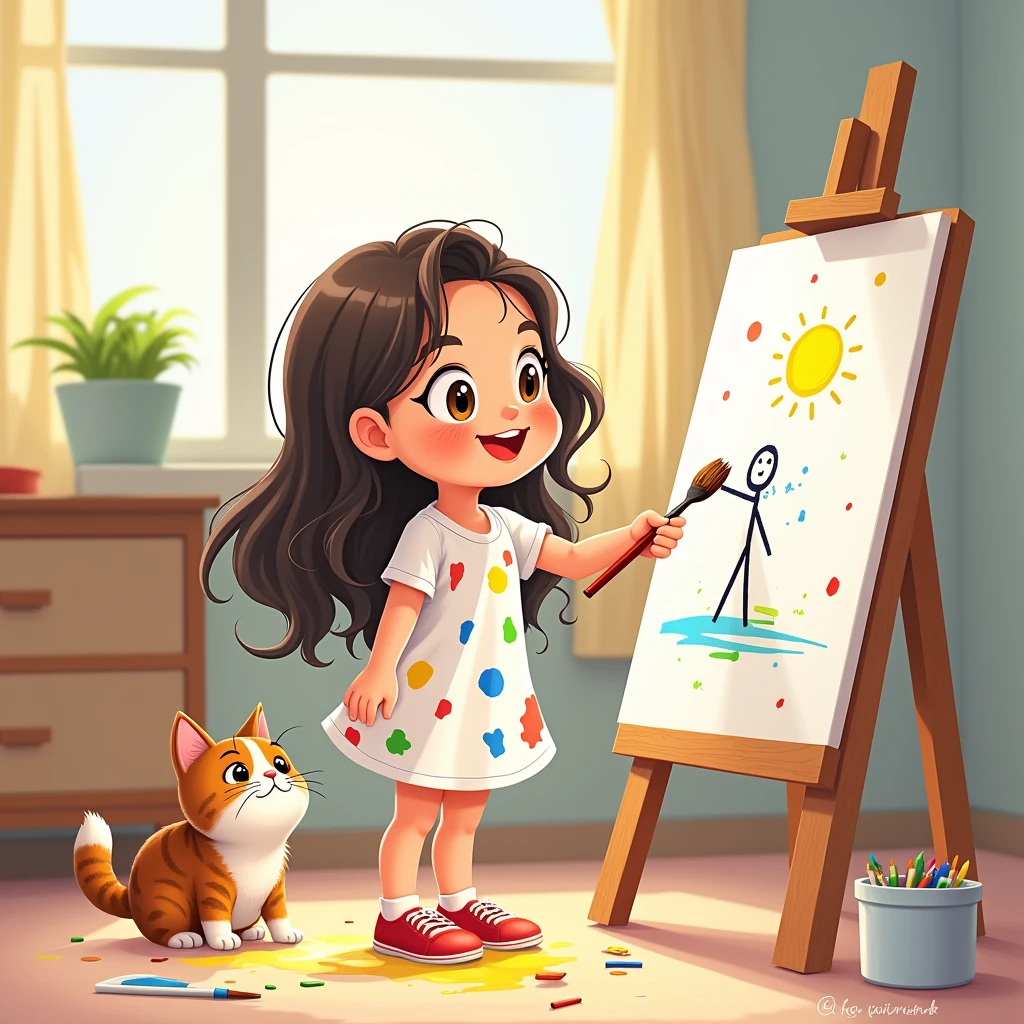 A small  girl with long hair, dressed in a short white dress with lots of paint splashes, is standing in front of an easel in her child's room and is proudly painting a picture she has drawn with a brush in her hand. The picture shows a stick figure and the sun, and a cat is watching her with interest.