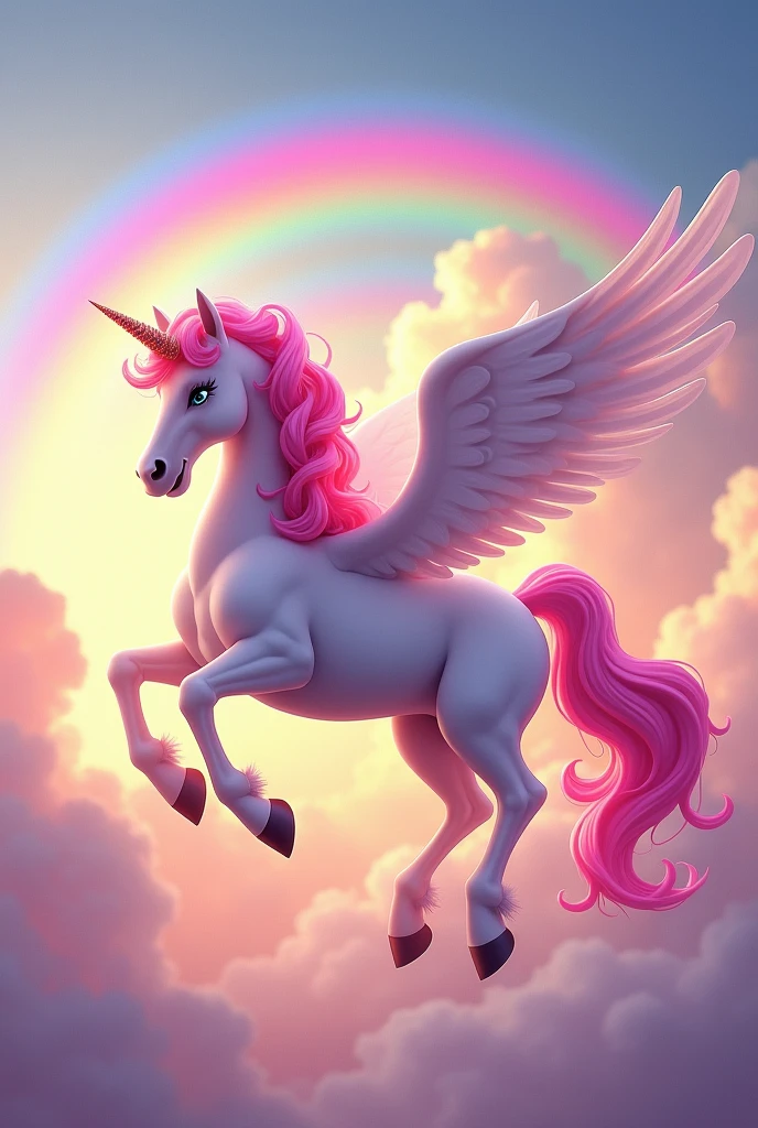White unicorn with pink hair with wings flying and rainbow in the sky above her