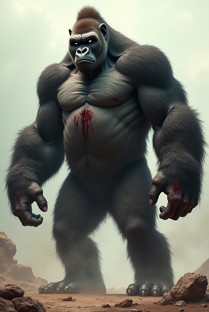a gorilla with a scar on his face along with blood also on his face