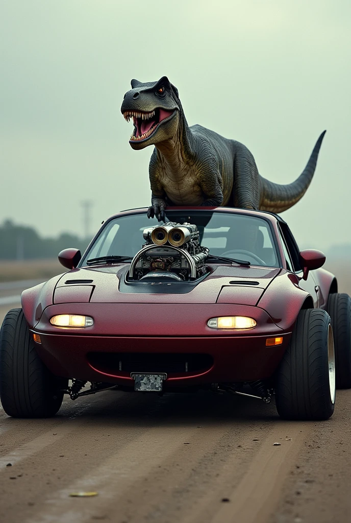 1995 Mazda Miata with the world's largest engine and super hyper mega high springs, with open headlights and a dinosaur inside