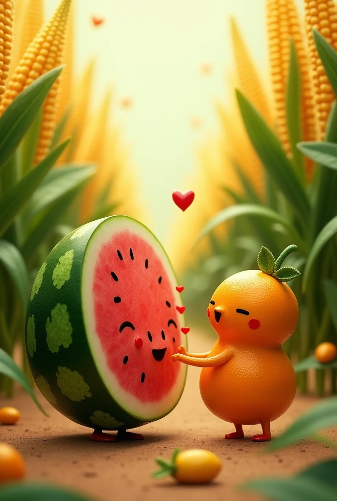 A watermelon and a tangerine in love With a corncob background