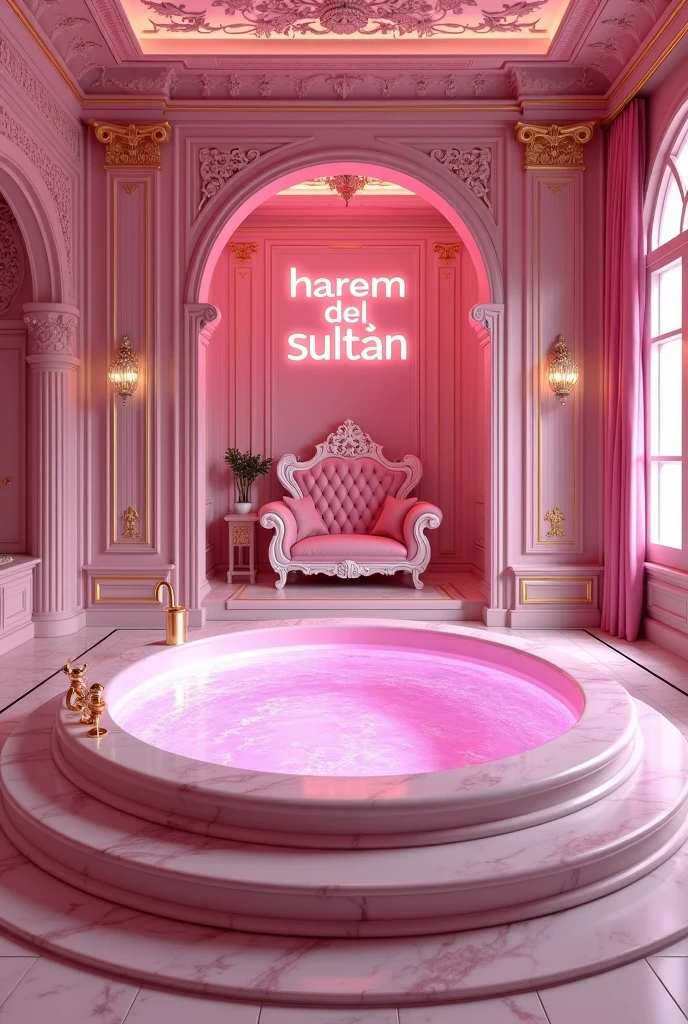 (photorealism:1.2), 6 extremely beautiful young harem girls, sexy nude, big breasts, Pretty perfect faces like kendall jenner and Margot Robbie and young Jennifer Connelly and young Brooke Shields, blonde and redhead straight hair, light skin, bathing themselves in very large pink Jacuzzi pool in pink luxurious bathroom of pink palace, a beautiful pink sign "Harem del sultán" on the back wall, realistic, intricate details