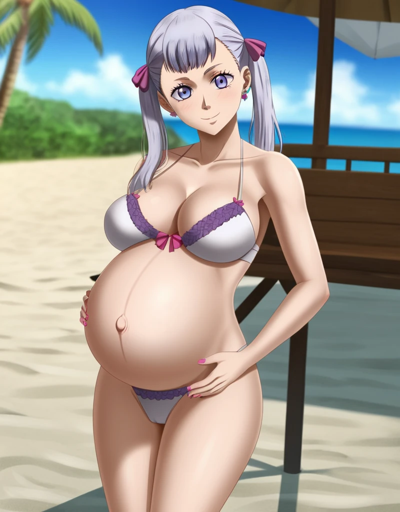 noelle_blackclover, Noelle Silva, Black Clover, long silver hair, waist-length hair, half-up half-down hairstyle, ribbon, side-parted bangs, almond-shaped blue eyes, high-quality, ultra-detailed, beast quality, 8K resolution,
looking at viewer, dutch angle, cowboy shot, smile, pregnant belly, large belly, big belly, big Breasts, belly button, Earrings,
1girl,solo, indoors, beach, happy, Smiling, rub belly, Posing as a model,
full body, Nail polish,