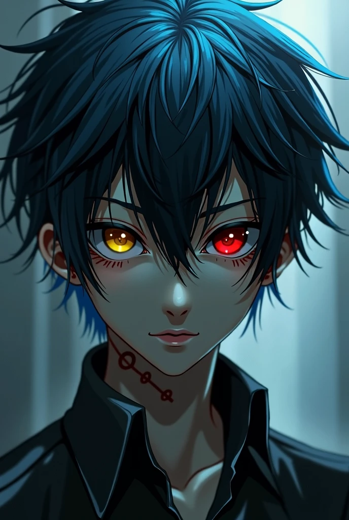A dark-haired boy with a yellow eye and a red eye, dark skin and light blue hair, a scar on the neck