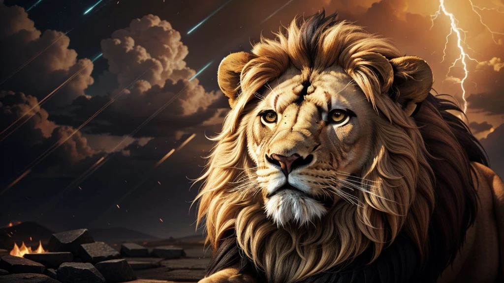 Lion, Divine Lion, majestic, comely, fire, villany,  thunder, Sky thunder, stele, photorrealistic 6K, UltraHD Detailed, detailed colors 8k, Lion Elegante, floor, stele, lightning strikes, heavens, céu Godlike, tempest, Towards the heavens, heavenly, Godlike, photorrealistic, Rendering, 4K, 8k, detailed textures, detailed shadows, padoru, detailed colors, God&#39;s Heaven, UltraHD 16K Details, Photorealistic textures 16K, detailed sharpness 16K, detailed sharpness, detailed colors, realistic shadows, Ultra realistic textures, High power, Natural Beauty, natural colors, realistic contrast, Photorealistic textures, detailed colors, lifelike colors, detailed shadows, fire, villany mightosa, flames, Fire Bolt, Fotorrealism Lion, Majestic Lion, photorrealistic UltraHD 4K, Texturasdetalhadas photorrealistics 8k, might, ferocious, bruta, Great Power, Realistic Sky, luminous face, villany, Detailed face 4k, ultra detaild, contraste realista de 8k, detailed sharpness, cores Ultra HD, chic,