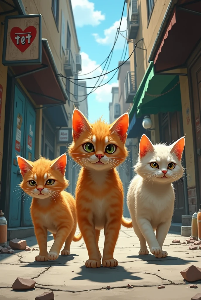 A gang of bad kittens are walking down the street, an old cat with big bags is walking next to them