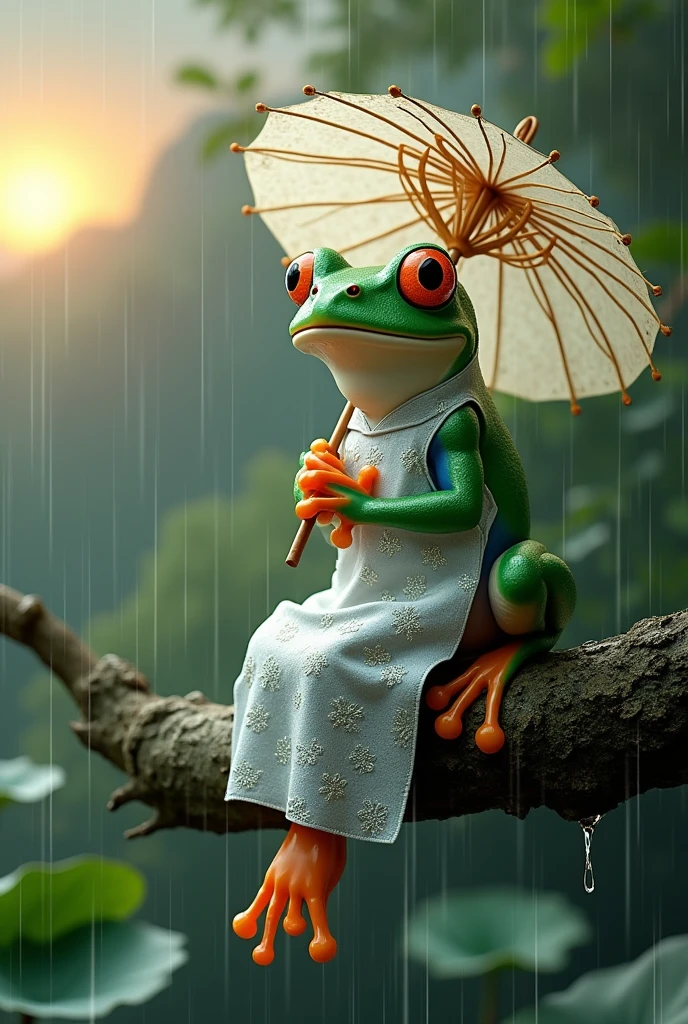 Tree frog,She is wearing a gorgeous silver Chinese dress with a floral pattern.,Sleeping on a tree,Ultra-realistic,high resolution,Standing with a lotus leaf umbrella,It is raining in the background,The background is the hilltop at sunset,