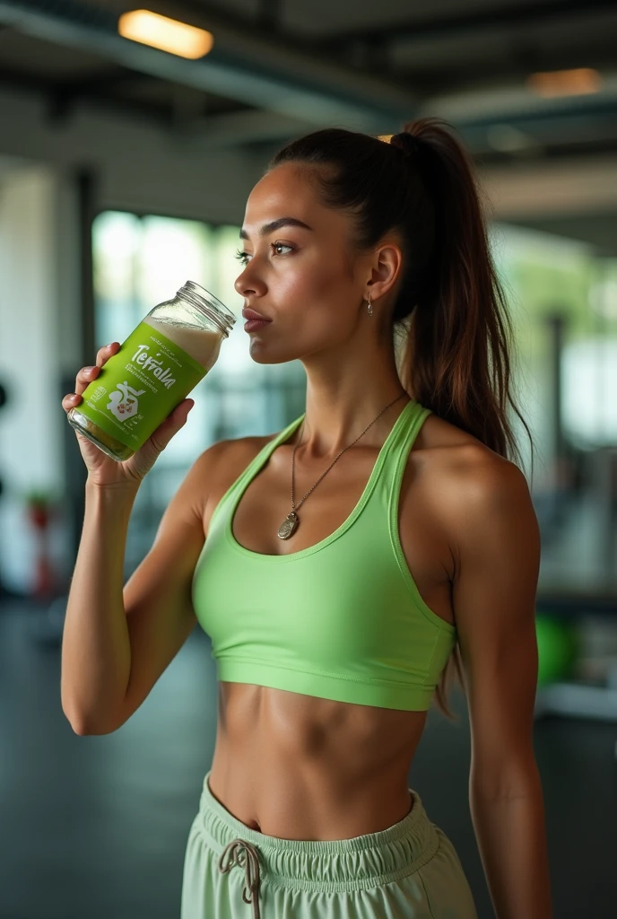 In the gym woman drinking moringa the moringa brand tesfalem moringa