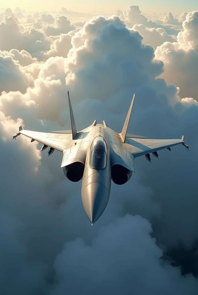 A Russian Su30 fighter flying through a cloud formation