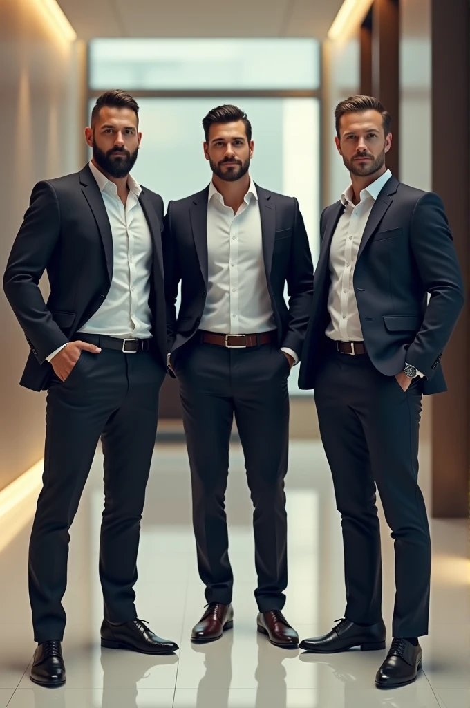 3 man office salesman, standing alone, confident countenance and diagonal angle