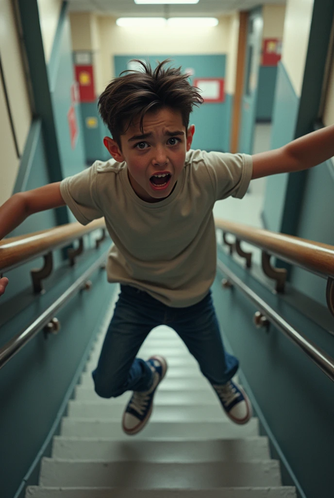 Teenage boy at school trips over railing 