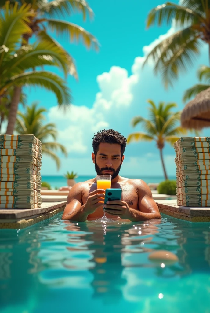 Image of Nayib Bukele in the pool on vacation, with many bundles of money around him having a drink and looking at his cell phone