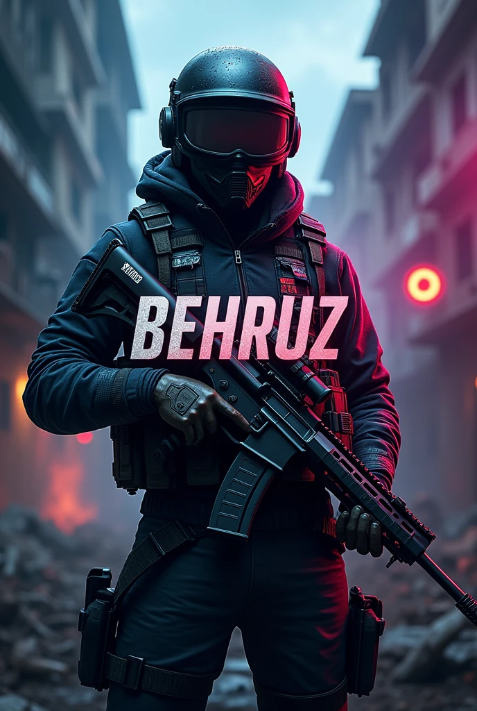 You need an avatar for a YouTube channel. Must have something to do with Pubg Mobile. Must have BLACK BLUE PINK COLORS and pubg mobile arena shooters. In the middle should be the word BEHRUZ TDM. The image must be serious