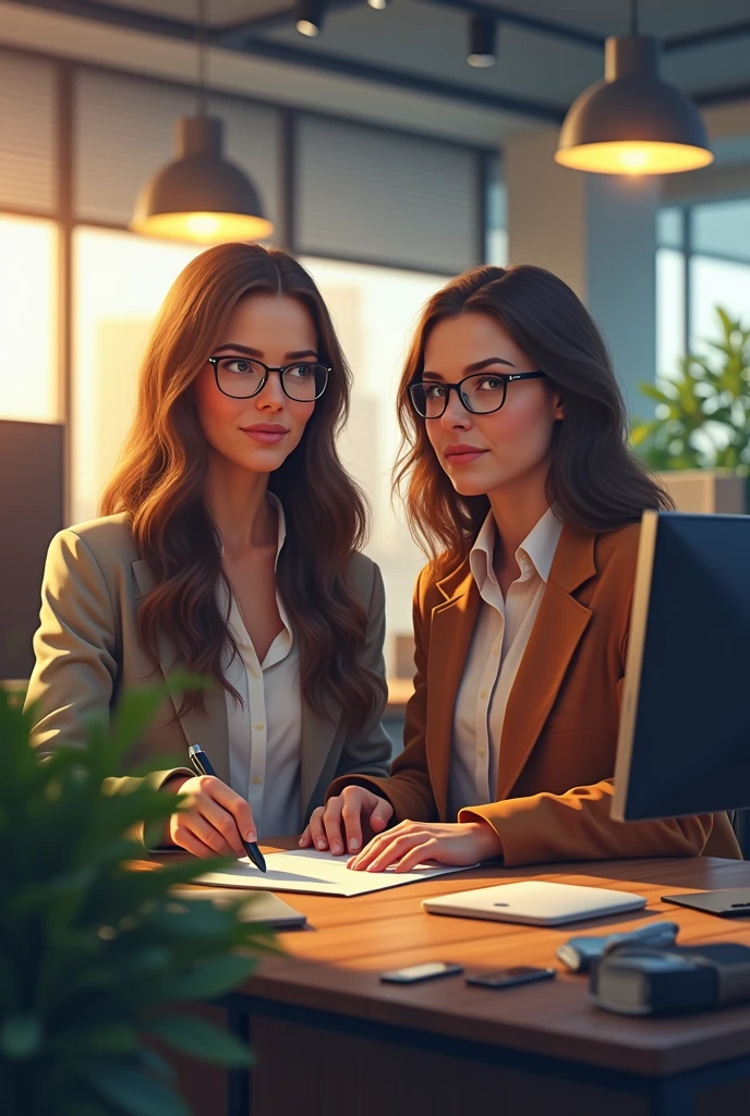 I need an image that represents welcome, security, comfort.
there are two women, one of whom is the boss (director) and the other is the employee).
director features (woan 40 years): long, straight brown hair, glasses
employee characteristic (woman 29 years): wavy brown hair, glasses
They are both wearing more casual clothes.
scenario a chaotic work environment in an advertising agency.
