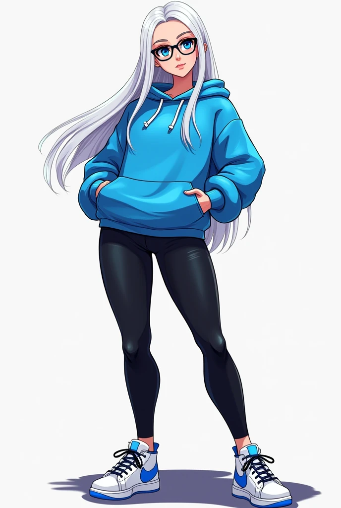 fortnite style girl, long white hair, Broad Hips, blue colored eyes, wearing glasses, Allstar Sneakers, sexy blue short sweatshirt black leggings full body
