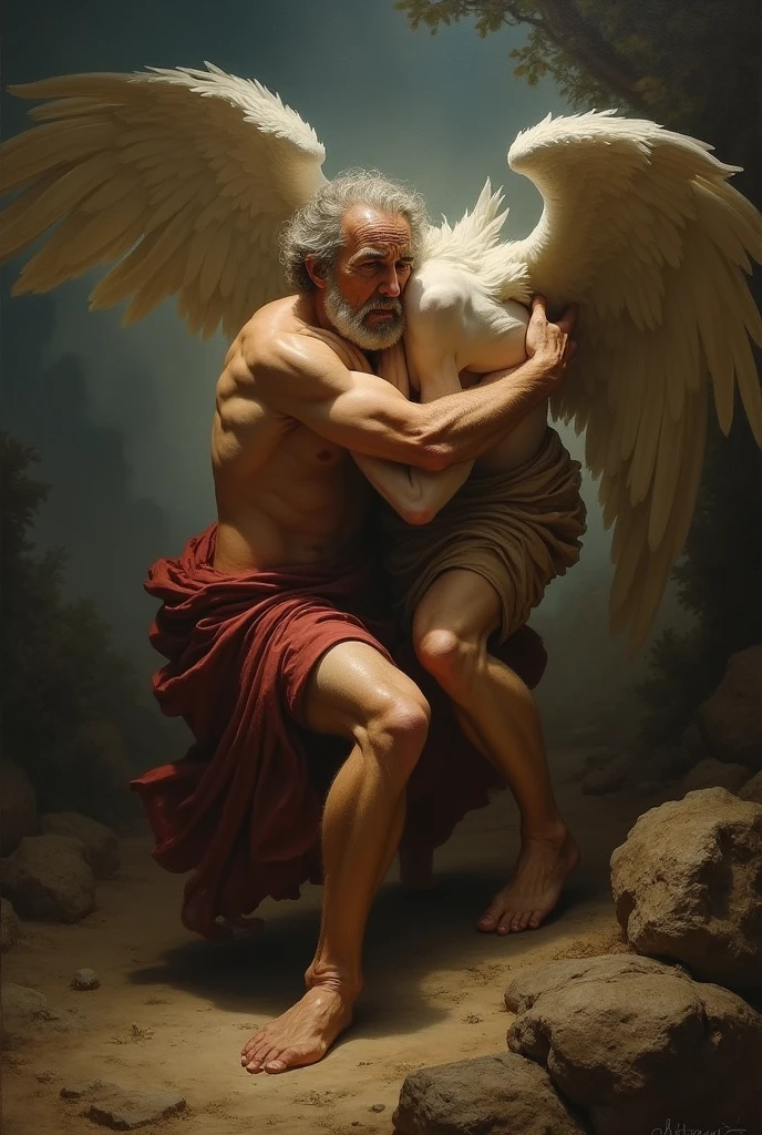 Biblical character Jacob wrestles with an angel who wounds him in his thigh