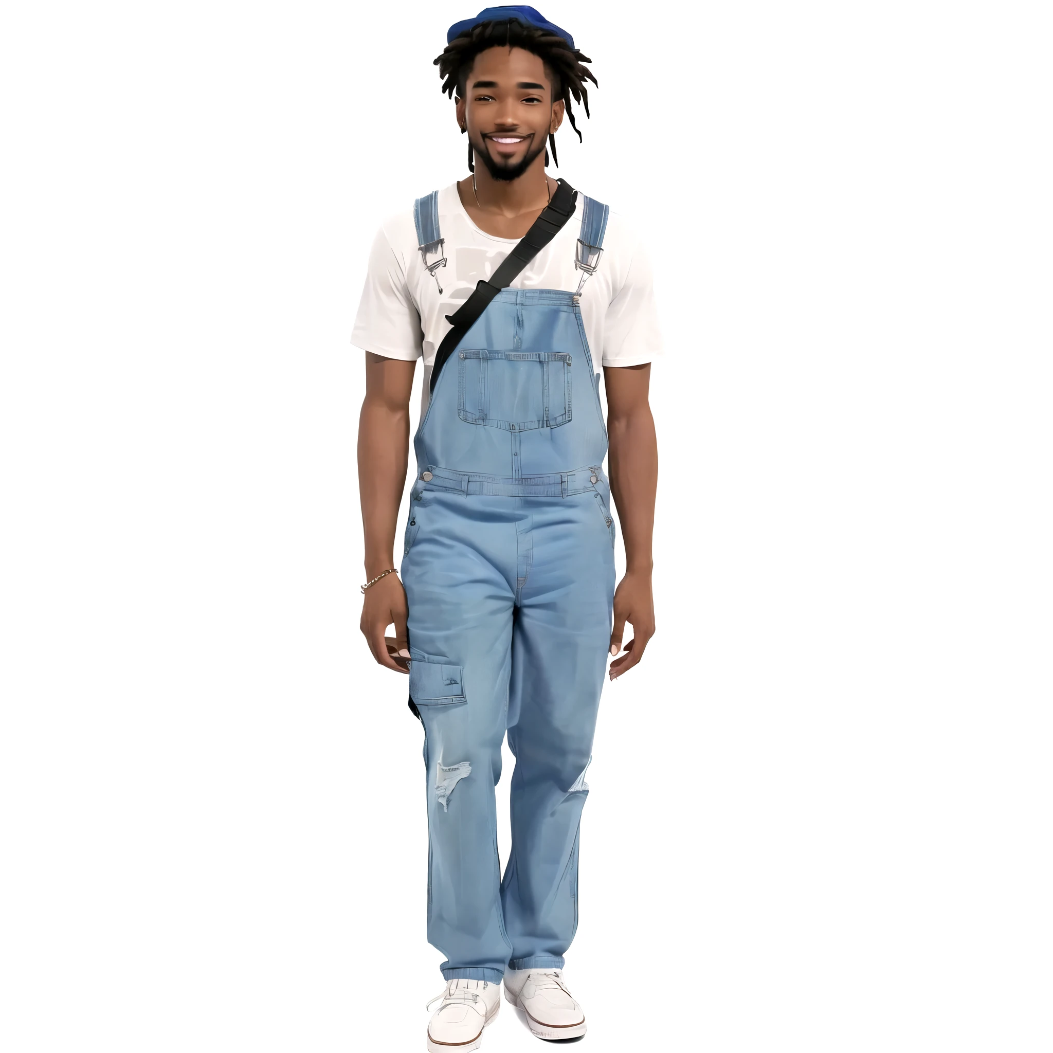 black man , a close up of a person wearing a blue overall and a hat, artist wearing overalls, jean michel basquiat, artist wearing overalls, artist wearing torn overalls, wearing dirty overalls,full body realistic portrait, blue overalls, overalls, detailed full body portrait, full body portrait, full body picture, smiling face, goatee, dreadlocks, shoulder strap