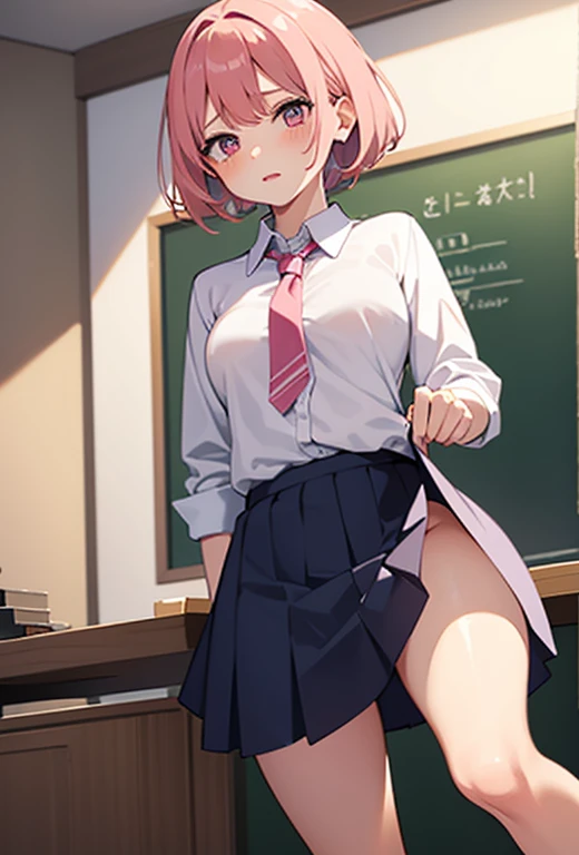  1 schoolgirl, facing the front, totally naked, wearing only a tie and a pair of shoes, detailed genitalia,  and round, detailed nippels, pink  hair, blushed face, class room, in front of the board.  