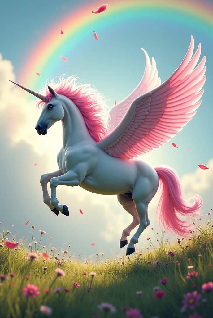 White unicorn with pink hair with wings flying on the grass with flowers and rainbow in the sky above her