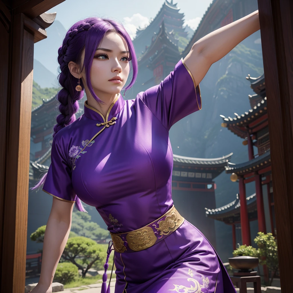 Beautiful Caucasian woman. Fitness body. Big round breasts. Just a woman. Alone. Western woman. Long hair with 1 braid. Purple hair. Bright purple eyes. Woman cosplaying as a kung fu fighter. She is wearing a traditional Chinese cheongsan dress in purple with a dragon print on the front. She is in a Chinese temple. The woman has a facial expression. Dynamic lighting. Dynamic shadows. High resolution.