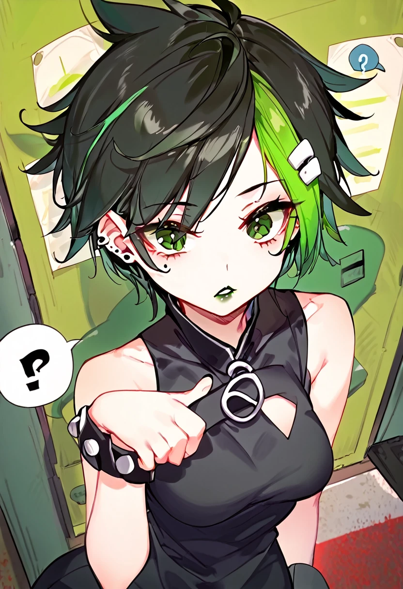 punctuation_9, punctuation_8_High above, punctuation_7_High above,  1 girl, punk, Gothic, black hair with green highlights, cat eye makeHigh above, black lipstick, perky medium breasts, face piercings, anime styling