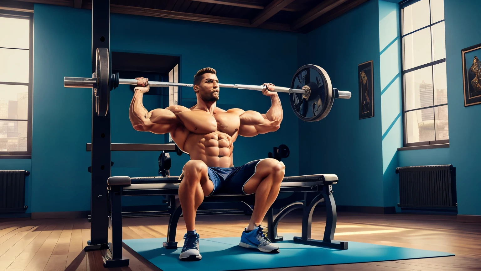 A full body side view of hyper realistic cartoon of a man doing bench presses in a gym, high detail, 8k, photorealistic, rule of thirds depth of field intricate details, concept art, vivid colors, detailed design, attention to detail, grandeur, stunning visual masterpiece, fantastical realm, hard light