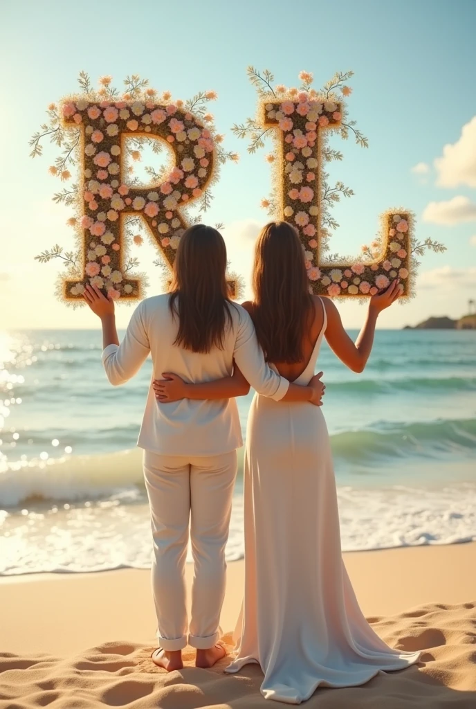 couple holding letter r and l in the beach show their back written with flowers at their head